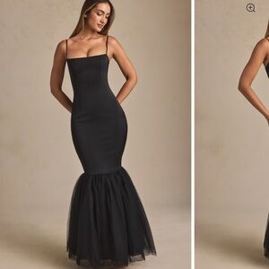 Oh Polly Black Fitted Mermaid Midi Dress with Tulle Hem